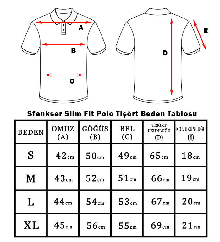 Size chart for Erkek Slim Fit Bordo Polo Tişört – %100 Pamuk, Şık ve Rahat