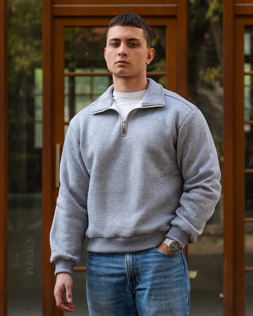Erkek Boxy Fit Yarım Fermuarlı Gri Sweatshirt