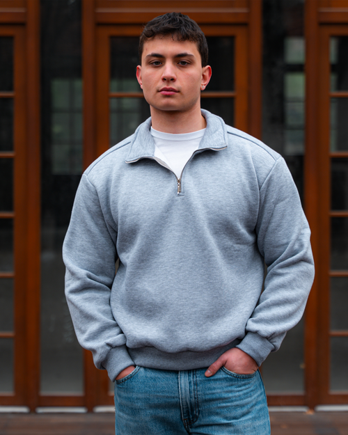 Erkek Boxy Fit Yarım Fermuarlı Gri Sweatshirt