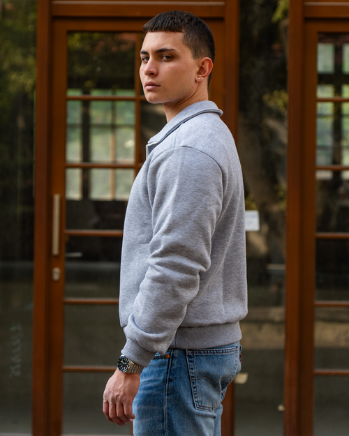 Erkek Boxy Fit Yarım Fermuarlı Gri Sweatshirt