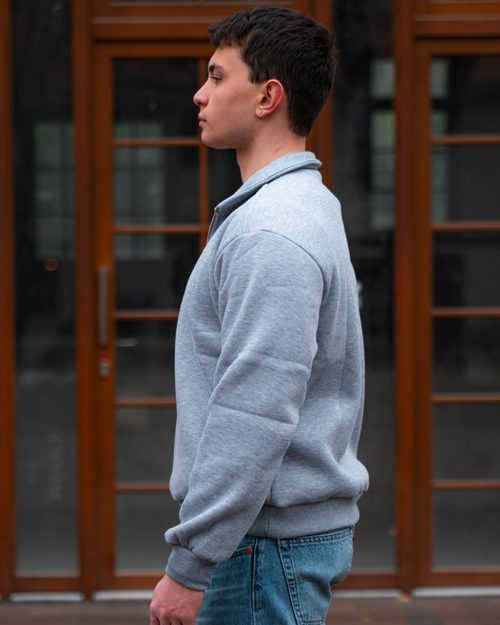 Erkek Boxy Fit Yarım Fermuarlı Gri Sweatshirt