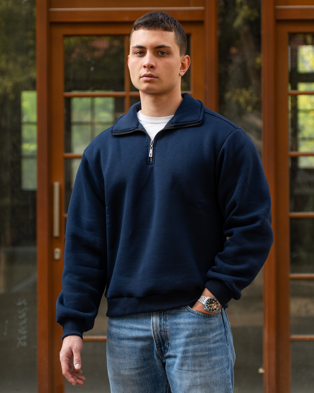 Erkek Boxy Fit Yarım Fermuarlı Lacivert Sweatshirt