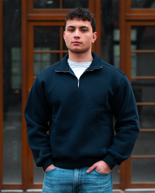 Erkek Boxy Fit Yarım Fermuarlı Lacivert Sweatshirt
