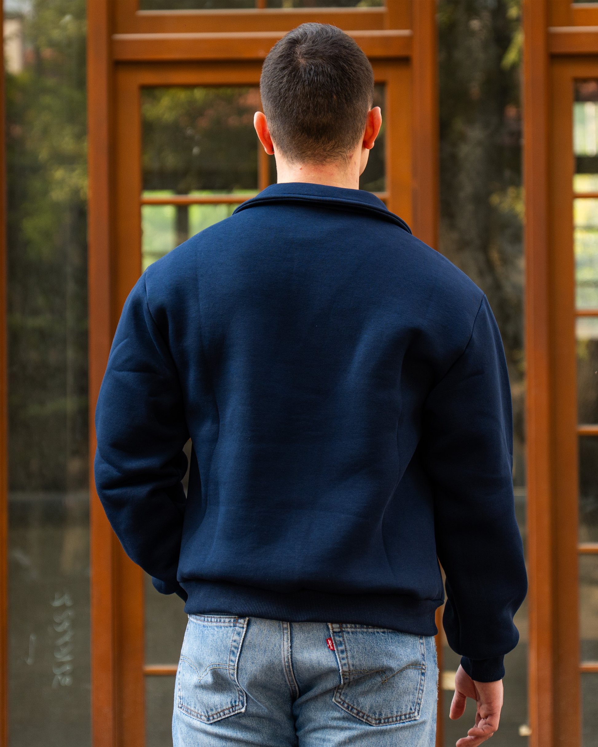 Erkek Boxy Fit Yarım Fermuarlı Lacivert Sweatshirt