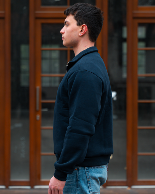 Erkek Boxy Fit Yarım Fermuarlı Lacivert Sweatshirt