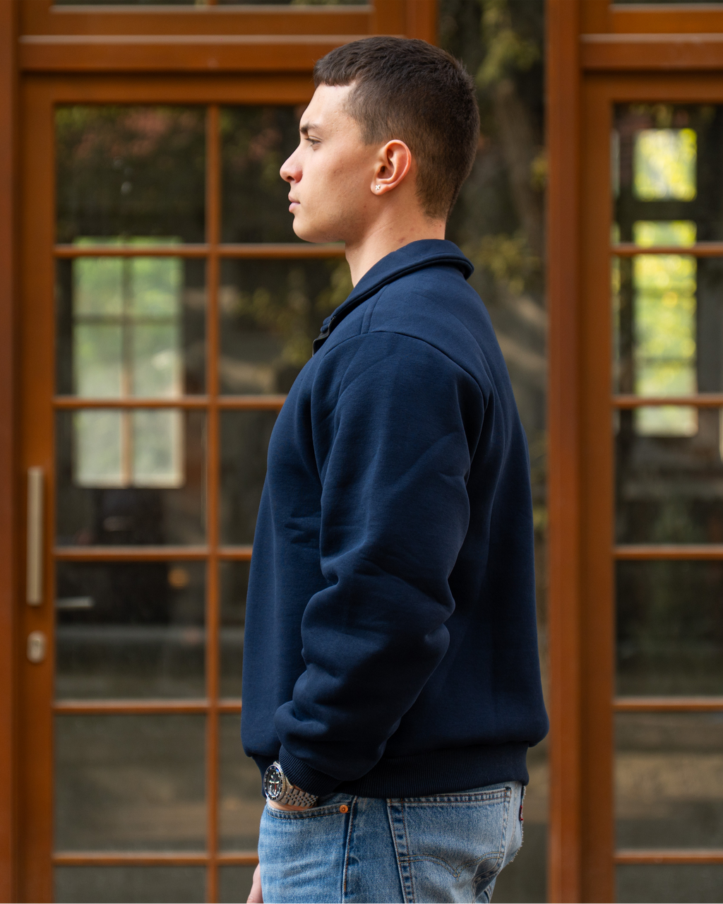 Erkek Boxy Fit Yarım Fermuarlı Lacivert Sweatshirt