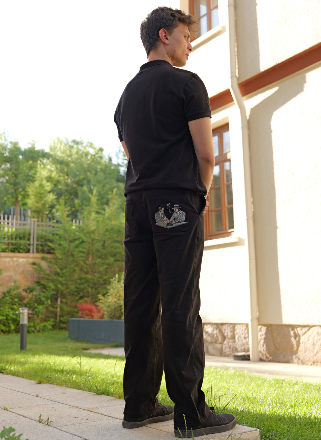 Erkek Relax Fit Siyah Pamuklu Pantolon | 40.000 Nakış Vuruşu