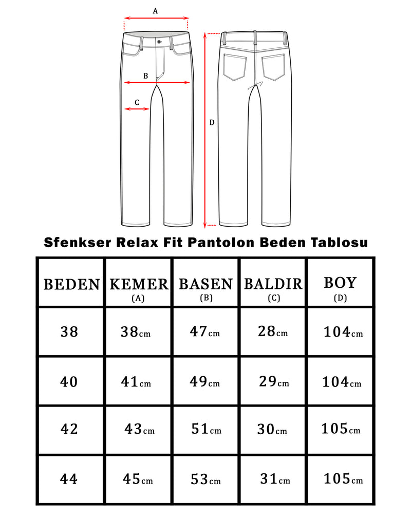 Size chart for Erkek Relax Fit Siyah Pamuklu Pantolon | 40.000 Nakış Vuruşu