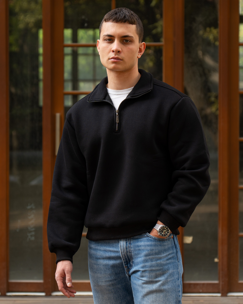 Erkek Boxy Fit Yarım Fermuarlı Siyah Sweatshirt