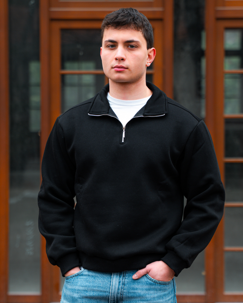 Erkek Boxy Fit Yarım Fermuarlı Siyah Sweatshirt