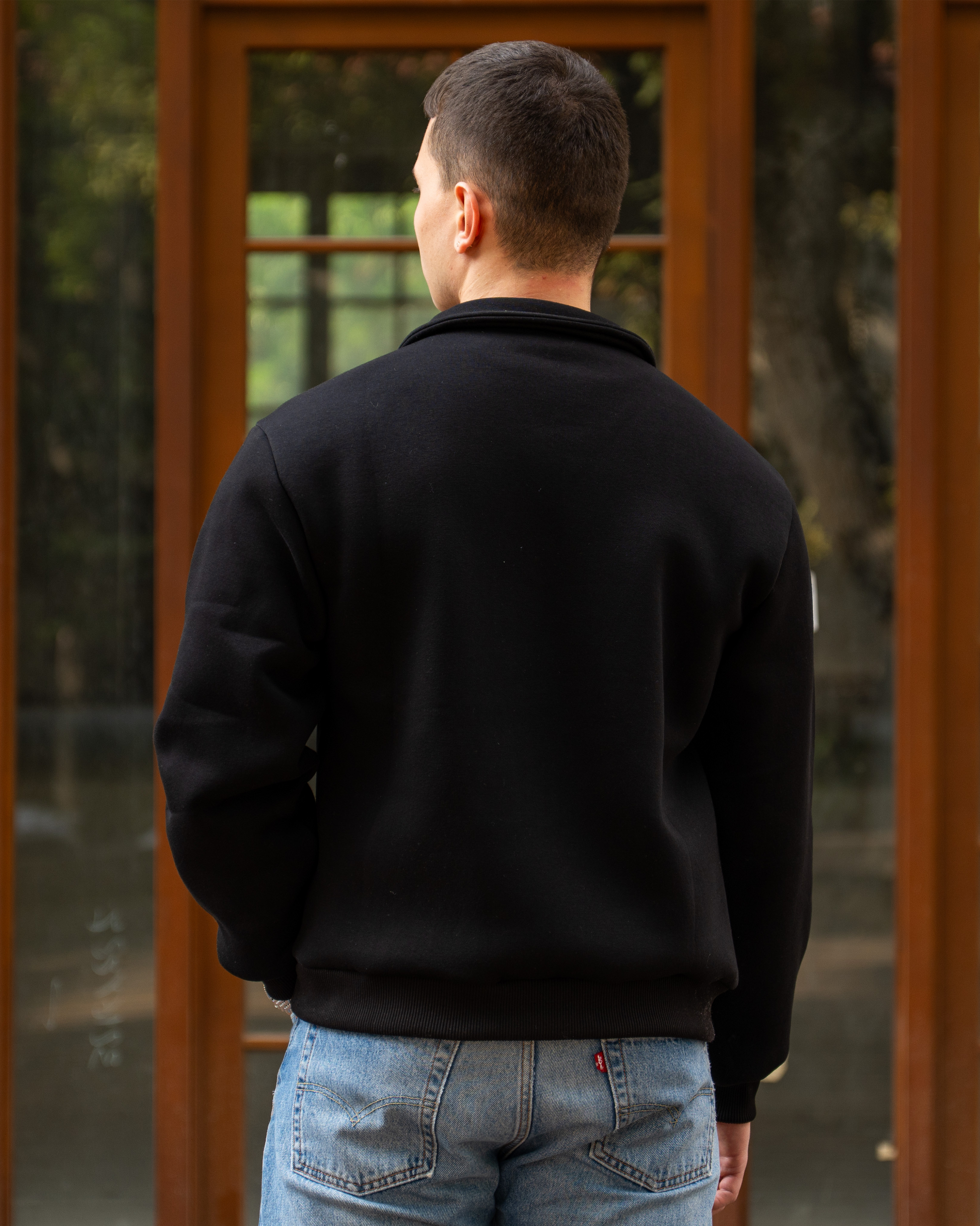 Erkek Boxy Fit Yarım Fermuarlı Siyah Sweatshirt