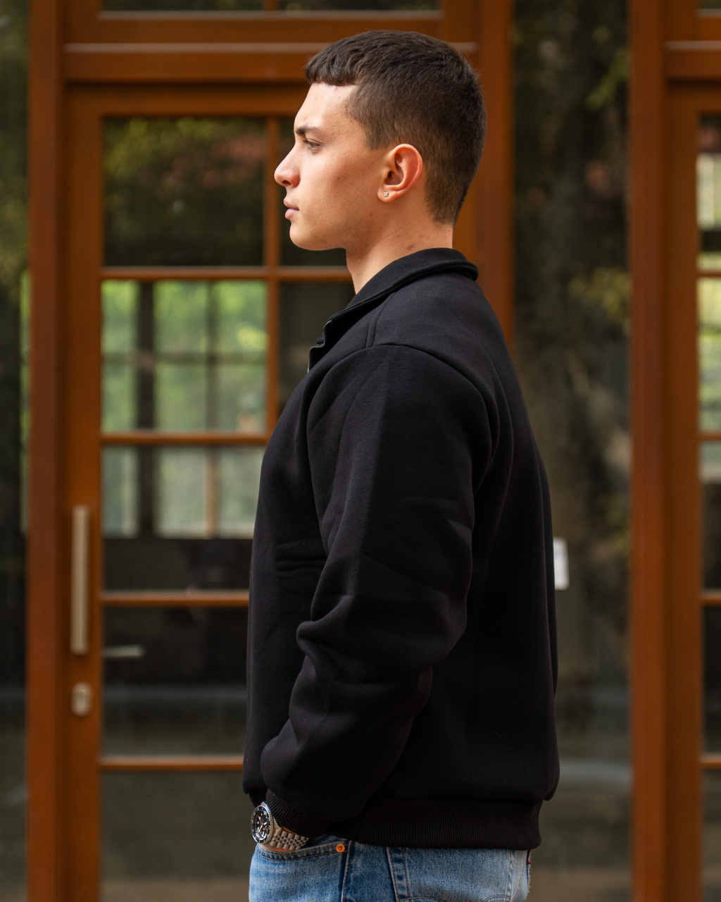 Erkek Boxy Fit Yarım Fermuarlı Siyah Sweatshirt